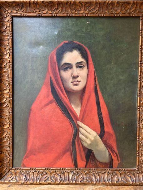 Artwork by Antoine Flachat, Antoine FLACHAT (XXth) Portrait of a Woman with a Red Stole, Made of Oil on canvas