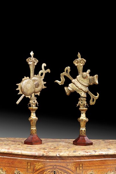 Artwork by Chinese School, 19th Century, Pair of bronze Buddhist objects decorated with attributes. China, Made of bronze