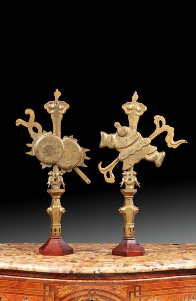 Artwork by Chinese School, 19th Century, Pair of bronze Buddhist objects decorated with attributes. China, Made of bronze