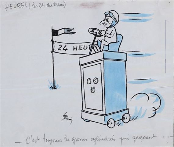The 24 Hours of Le Mans are always won by big cars.  signed center left. 20 x 23 cm on view by Grum