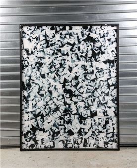 A framed collage of countless black-and-white faces pressed against a metallic background.