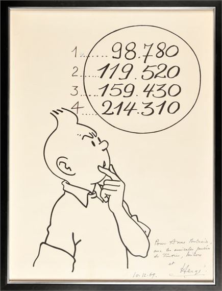 Hergé | Large drawing Tintin pensif et les chiffres (1969) | MutualArt