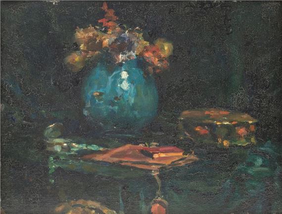 Still life with green flowering vase and box. Oil on panel. Unsigned by Maurice Bompard