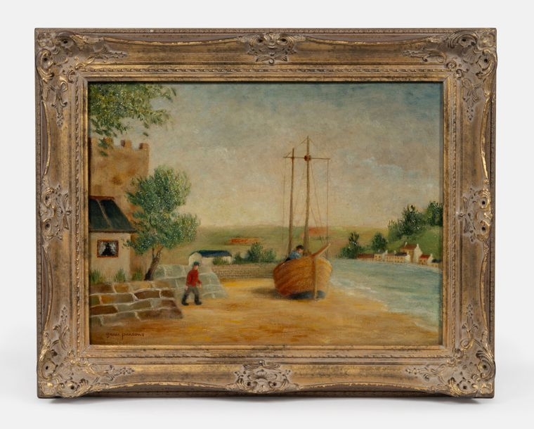 Artwork by Grace PARSONS , Animated river landscape with a dry boat and figures. Oil on canvas. Signed lower left, Made of Oil on canvas