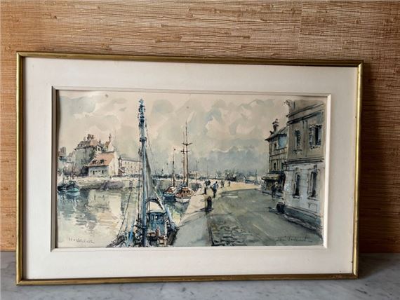 Denis VERSPECHT(1919-c.1996) "Honfleur Watercolor and gouache signed lower right. (Freckles) 37.5 x 67.5 cm by Denis Verspecht, circa 1996