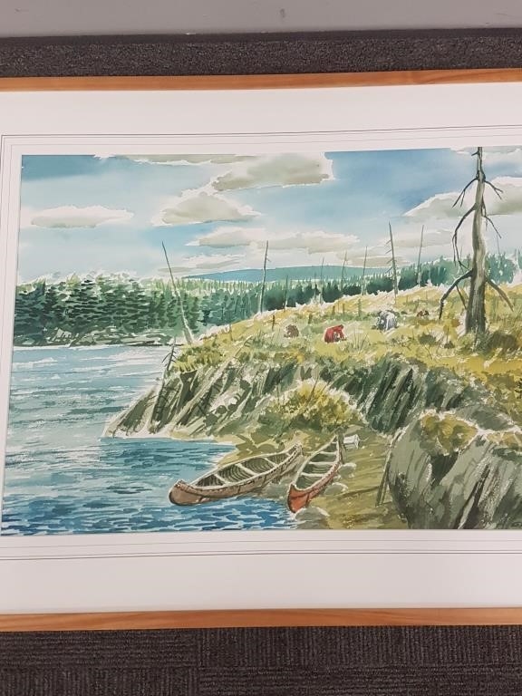 Artwork by Carl Gawboy, Signed Gawboy (Carl) watercolor- lake with canoes, Made of watercolor