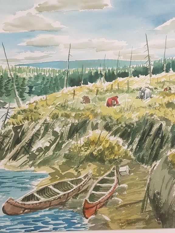 Artwork by Carl Gawboy, Signed Gawboy (Carl) watercolor- lake with canoes, Made of watercolor