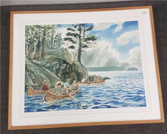 Signed Gawboy (Carl) watercolor- lake & canoe by Carl Gawboy
