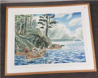 Signed Gawboy (Carl) watercolor- lake & canoe - Carl Gawboy