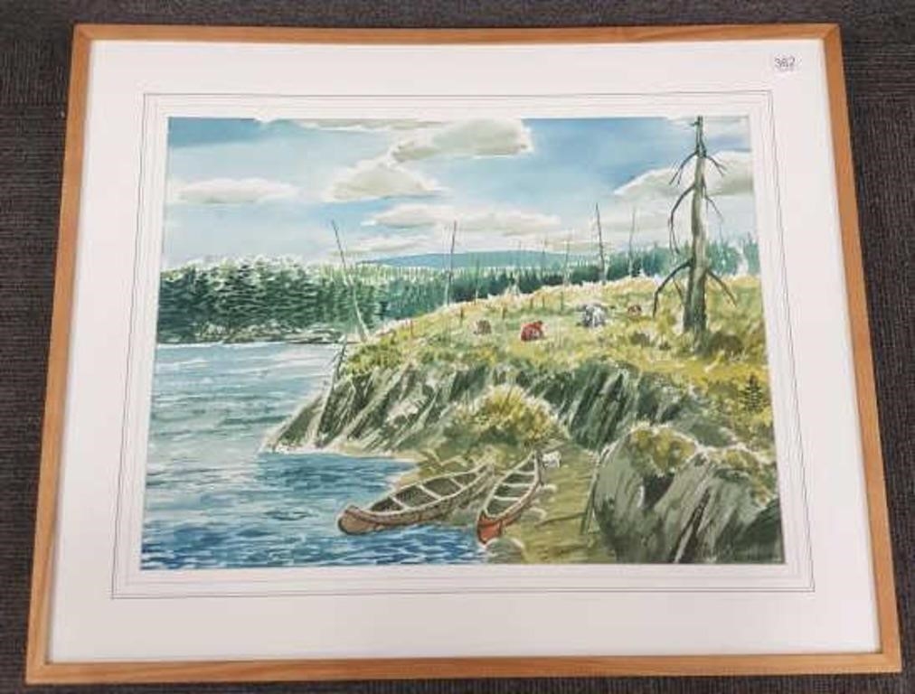 Artwork by Carl Gawboy, Signed Gawboy (Carl) watercolor- lake with canoes, Made of watercolor
