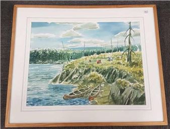 Signed Gawboy (Carl) watercolor- lake with canoes - Carl Gawboy