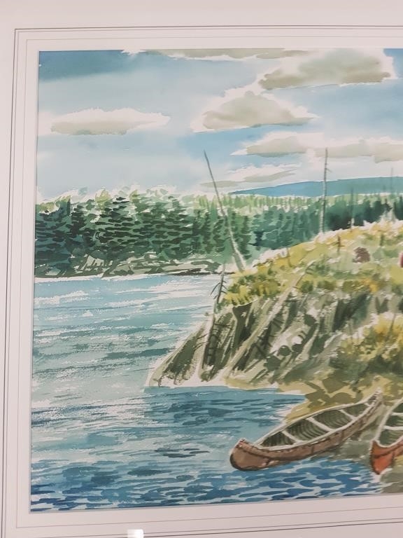 Artwork by Carl Gawboy, Signed Gawboy (Carl) watercolor- lake with canoes, Made of watercolor