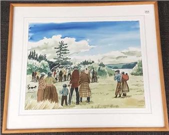 Signed Gawboy (Carl) watercolor- village gathering - Carl Gawboy