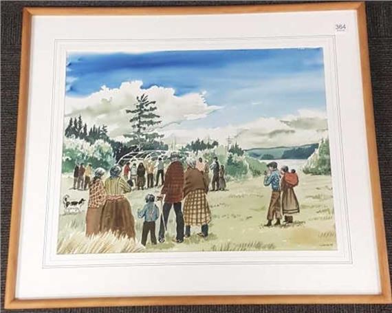 Signed Gawboy (Carl) watercolor- village gathering by Carl Gawboy