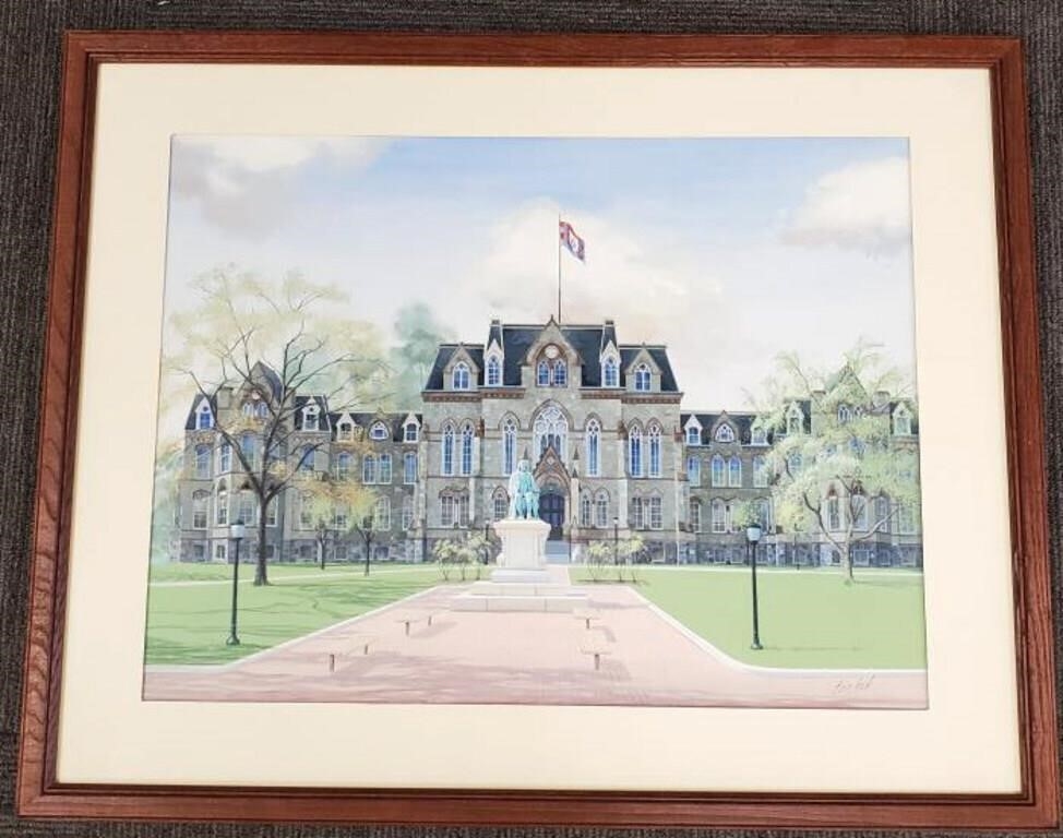 Artwork by Tom Hook, Signed Tom Hook painting building with statue, Made of painting