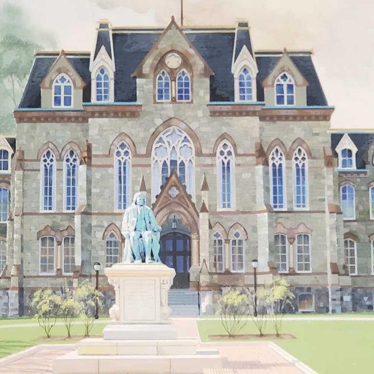 Artwork by Tom Hook, Signed Tom Hook painting building with statue, Made of painting