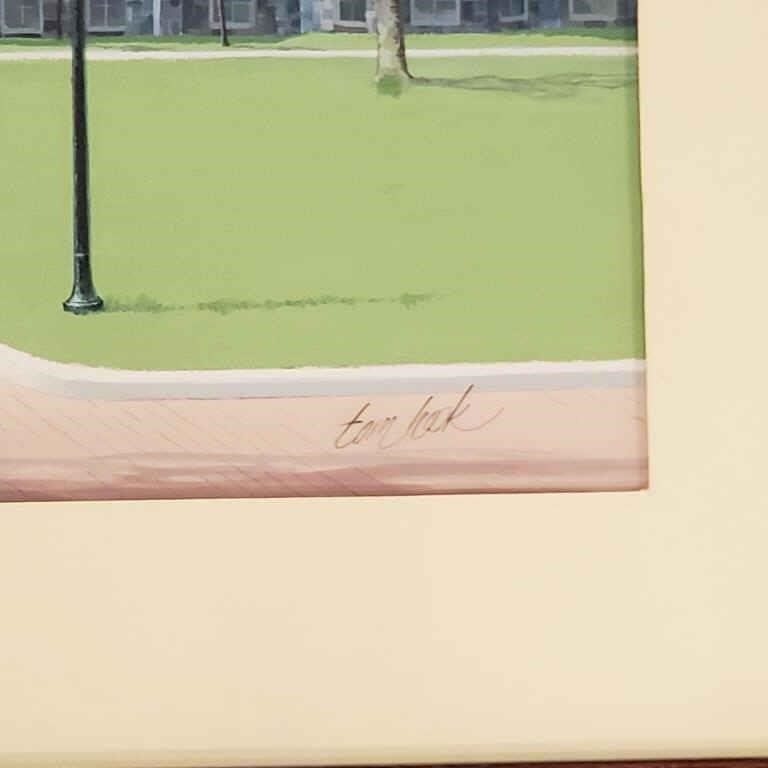 Artwork by Tom Hook, Signed Tom Hook painting building with statue, Made of painting