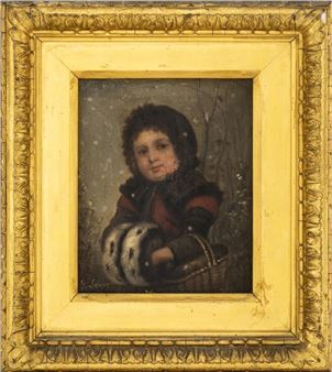 J. Lehrer Child in Wintertime Oil on Canvas - J. Lehrer