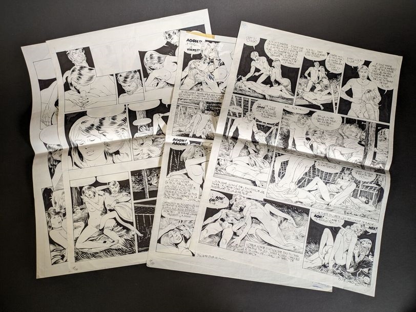 Artwork by Robin Ray, Rare set of four  from a story published in the erotic comics magazine, Made of ink and gouache on paper