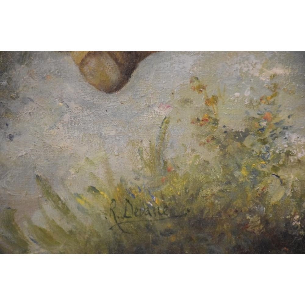 Artwork by R. Devane, R. Devane. The pipe player entertaining his friend. Signed lower left. In elaborate gilt frame. H 53cm