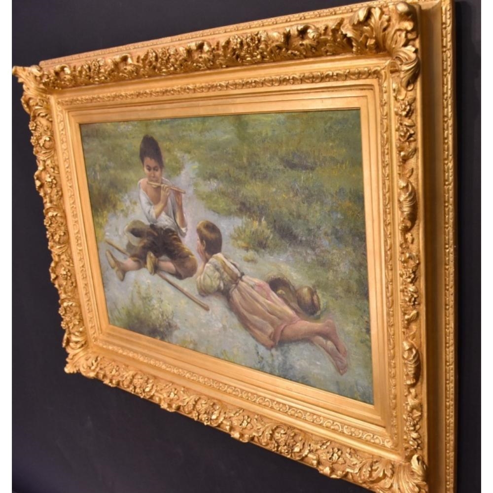 Artwork by R. Devane, R. Devane. The pipe player entertaining his friend. Signed lower left. In elaborate gilt frame. H 53cm