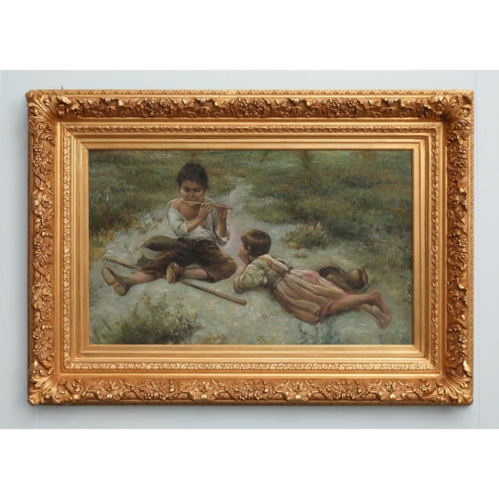 Artwork by R. Devane, R. Devane. The pipe player entertaining his friend. Signed lower left. In elaborate gilt frame. H 53cm