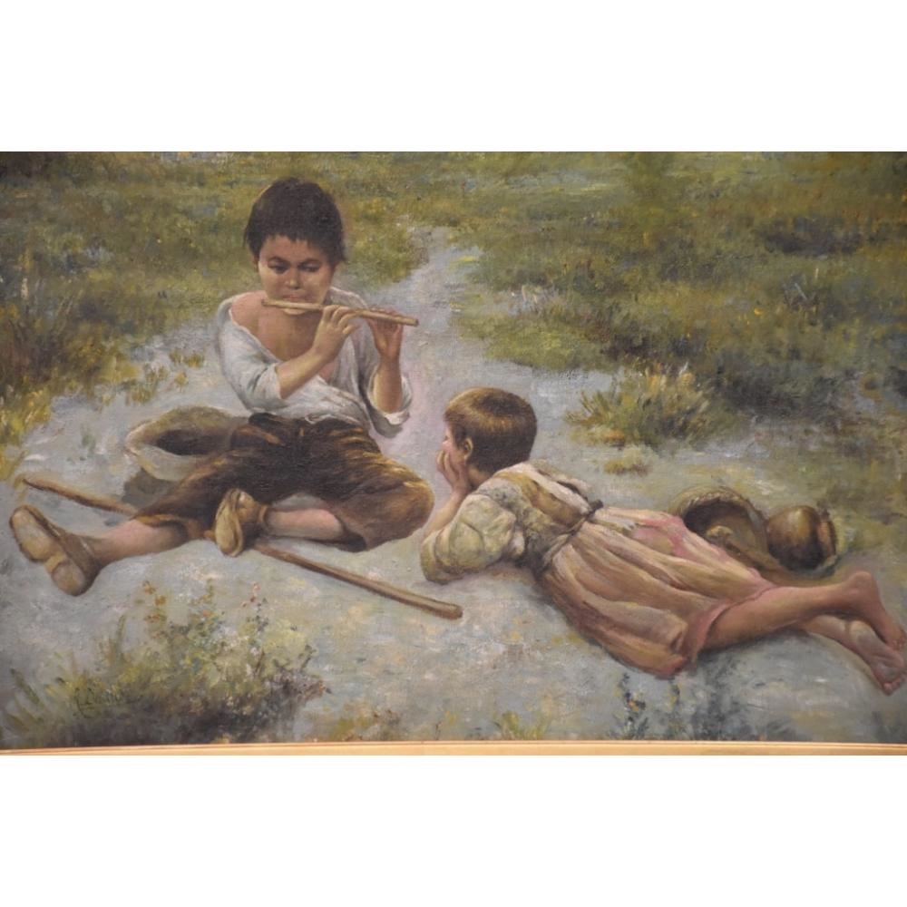 Artwork by R. Devane, R. Devane. The pipe player entertaining his friend. Signed lower left. In elaborate gilt frame. H 53cm