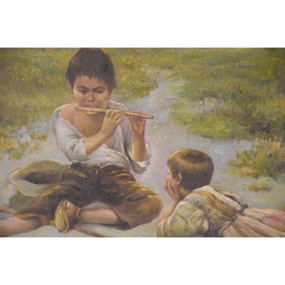 Artwork by R. Devane, R. Devane. The pipe player entertaining his friend. Signed lower left. In elaborate gilt frame. H 53cm