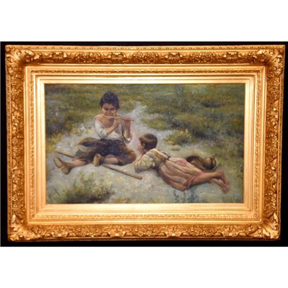 R. Devane. The pipe player entertaining his friend. Signed lower left. In elaborate gilt frame. H 53cm by R. Devane