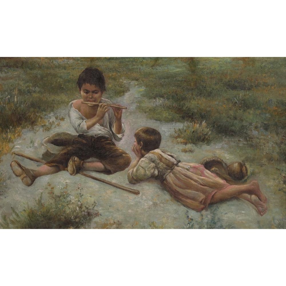 Artwork by R. Devane, R. Devane. The pipe player entertaining his friend. Signed lower left. In elaborate gilt frame. H 53cm