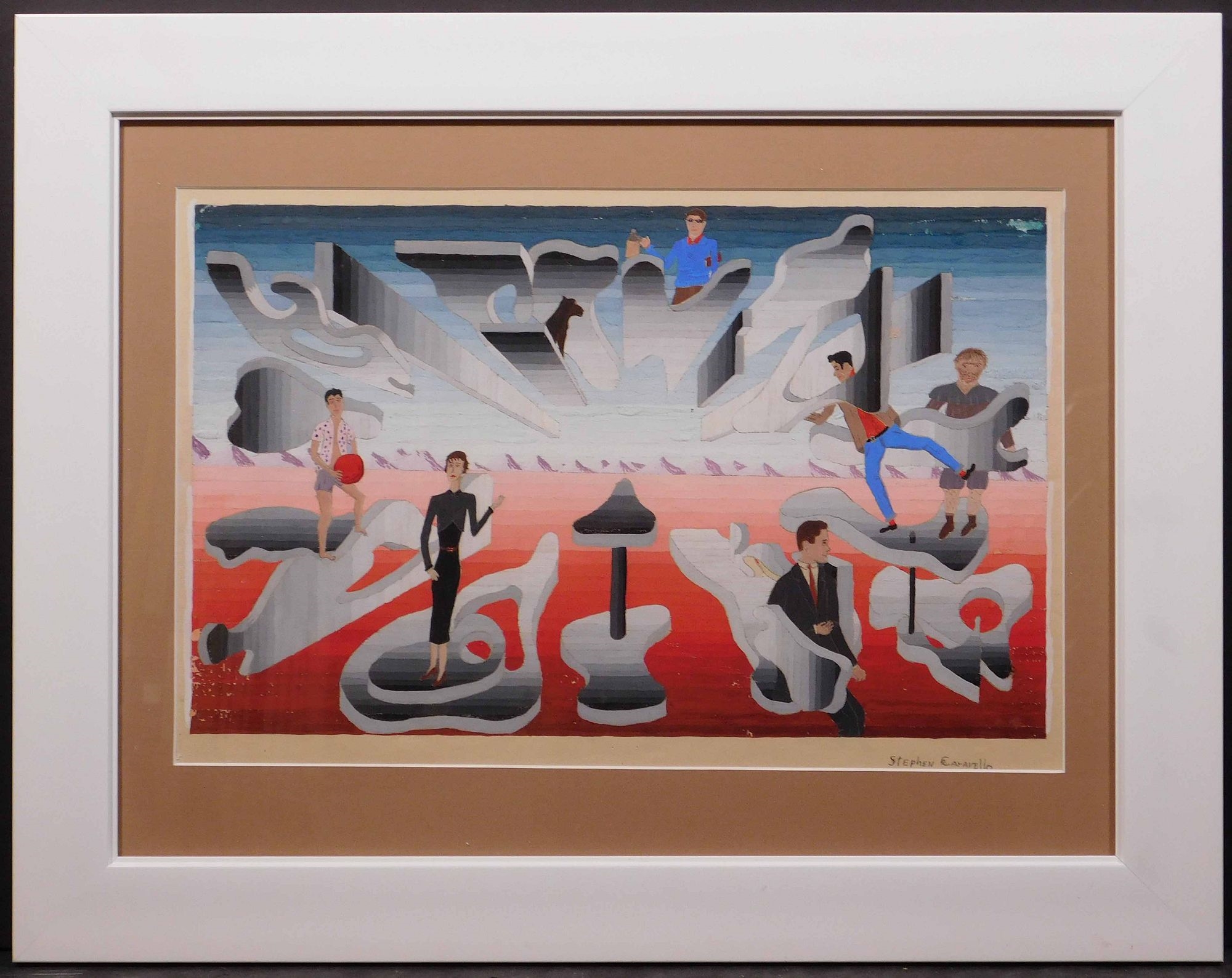 Artwork by Stephen Caravello, Surreal Landscape with Figures, Made of Gouache on paper