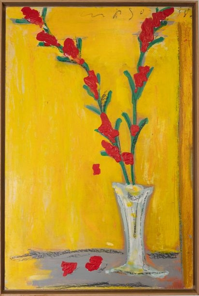 Artwork by B. Malavoy, B. MALAVOY (20th) Vase with gladioli on a yellow background Oil on canvas, Made of Oil on canvas