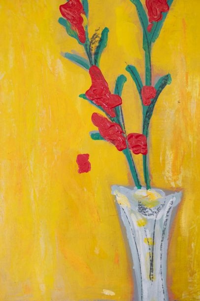 Artwork by B. Malavoy, B. MALAVOY (20th) Vase with gladioli on a yellow background Oil on canvas, Made of Oil on canvas