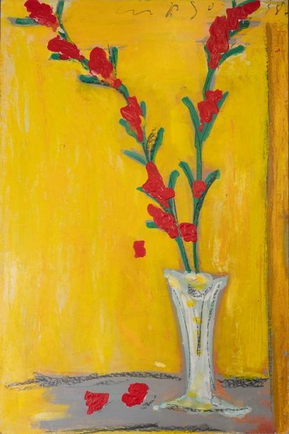 Artwork by B. Malavoy, B. MALAVOY (20th) Vase with gladioli on a yellow background Oil on canvas, Made of Oil on canvas