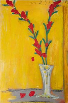 B. MALAVOY (20th) Vase with gladioli on a yellow background Oil on canvas - B. Malavoy
