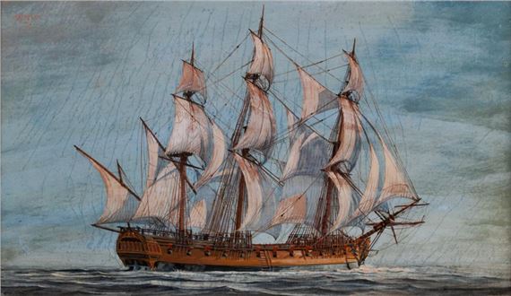 A multi-masted sailing ship navigating choppy seas under a cloudy sky.