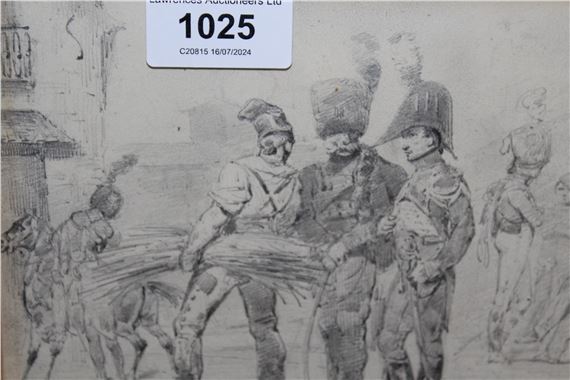 soldiers and other figures in a town square by Henry Monnier, dated 1831