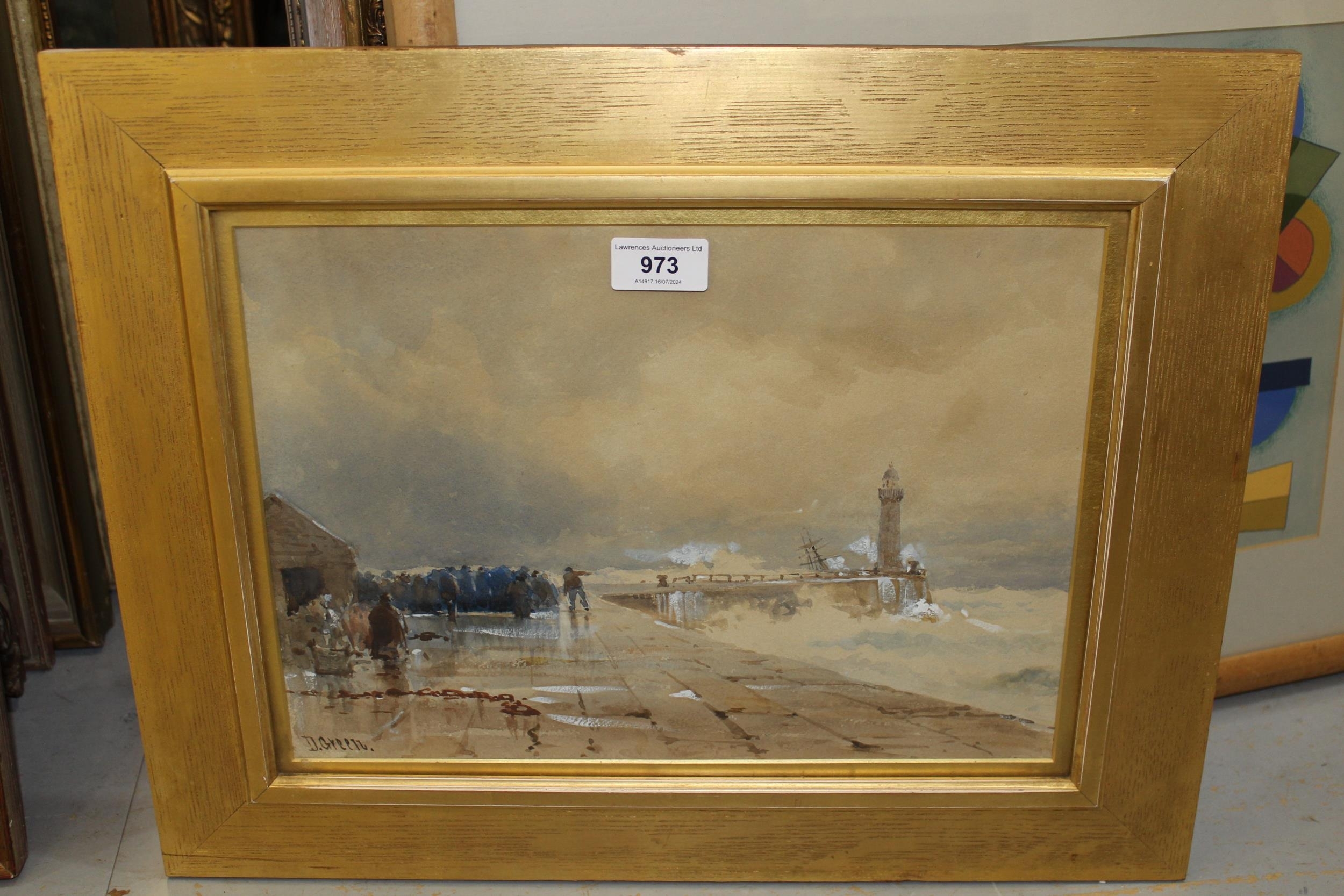 Artwork by D. Green, group of figures waiting on quayside, Made of Green, watercolour