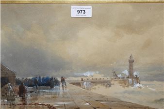 group of figures waiting on quayside - D. Green