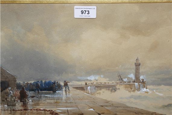 group of figures waiting on quayside - D. Green