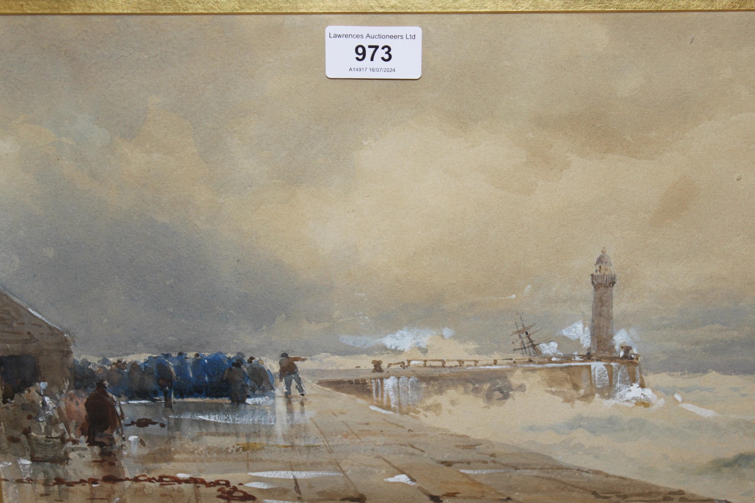 Artwork by D. Green, group of figures waiting on quayside, Made of Green, watercolour