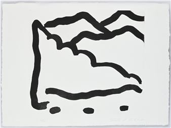 A minimalist black ink drawing on textured white paper featuring abstract wavy lines and a vertical stroke.