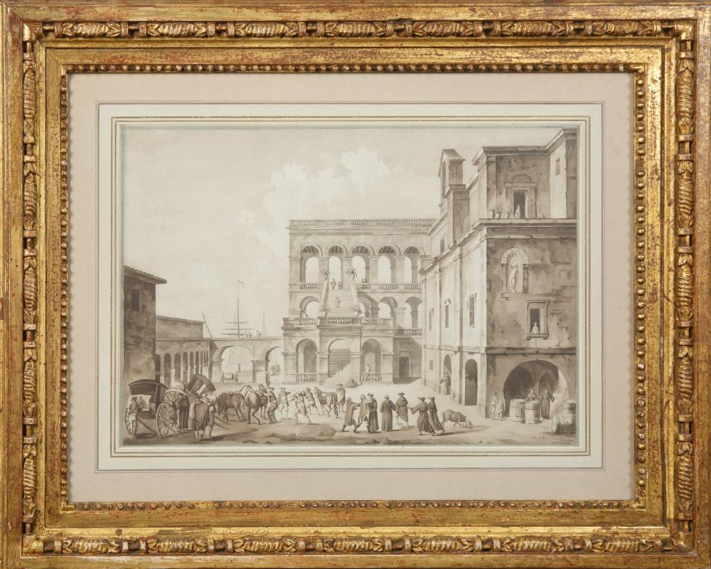 Artwork by Charles François de Lacroix, Courtyard with Ship Beyond, Made of ink on paper