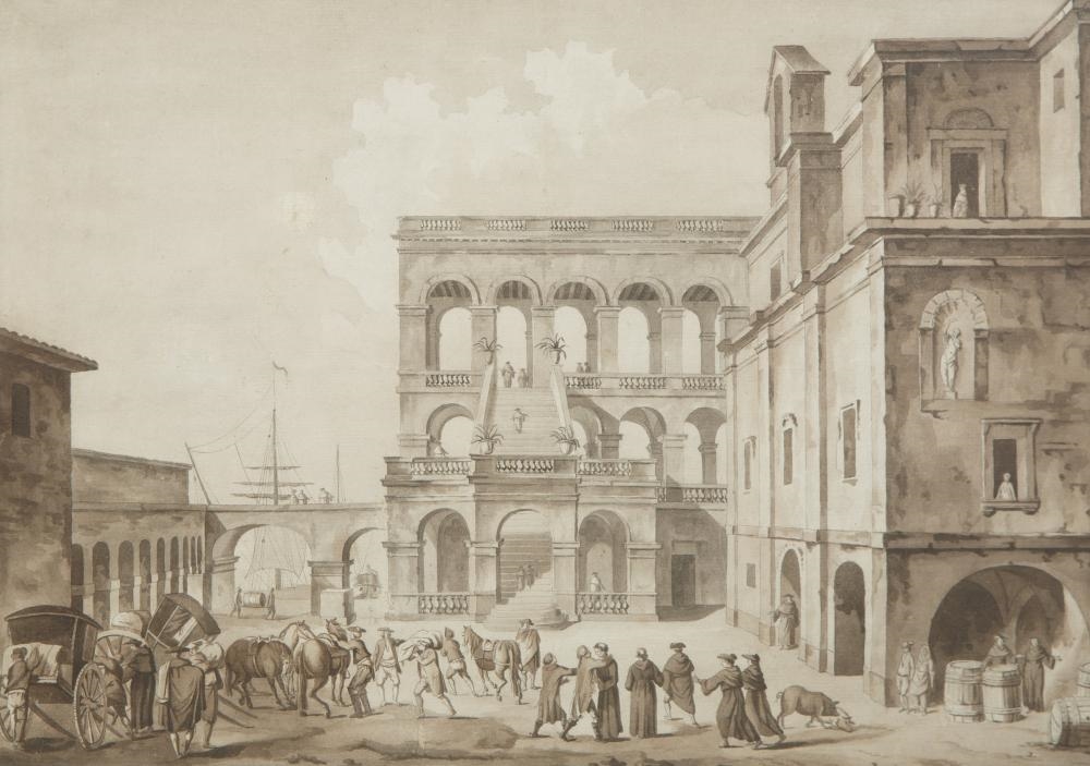 Artwork by Charles François de Lacroix, Courtyard with Ship Beyond, Made of ink on paper