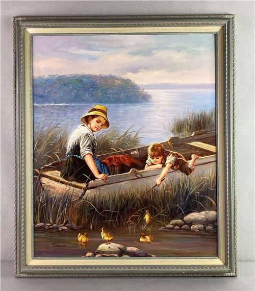 Bill Hopeman | Bill Hopeman Children in Boat Playing With Ducklings Oil ...
