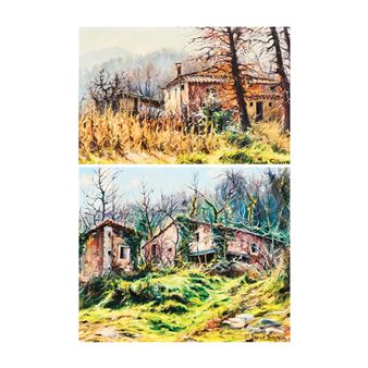 Paisaje rural con masías en primavera y Paisaje rural con masías en otoño - Ismael Subirana Suñer