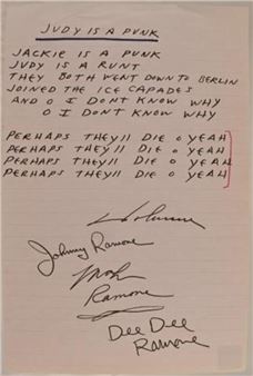 The Ramones Judy Is A Punk Orig Hand Written Lyric - Dee Dee Ramone