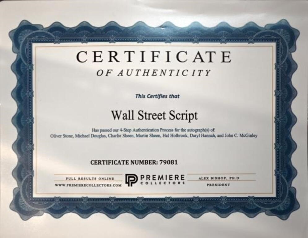 Artwork by Martin Sheen, Wall Street Original Signed Screenplay, Made of Stone