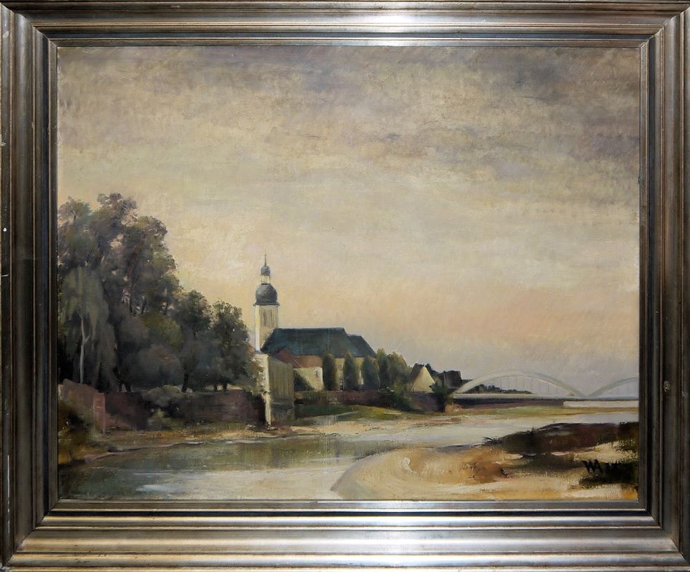 Artwork by Wilhelm August Abel, Die “neue” Neckarbrücke Seckenheim/Ilvesheim (Mannheim) & Kiefern an einem Gewässer, Made of oil on canvas