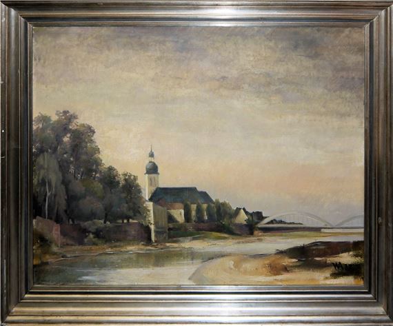 Die “neue” Neckarbrücke Seckenheim/Ilvesheim (Mannheim) & Kiefern an einem Gewässer - Wilhelm August Abel